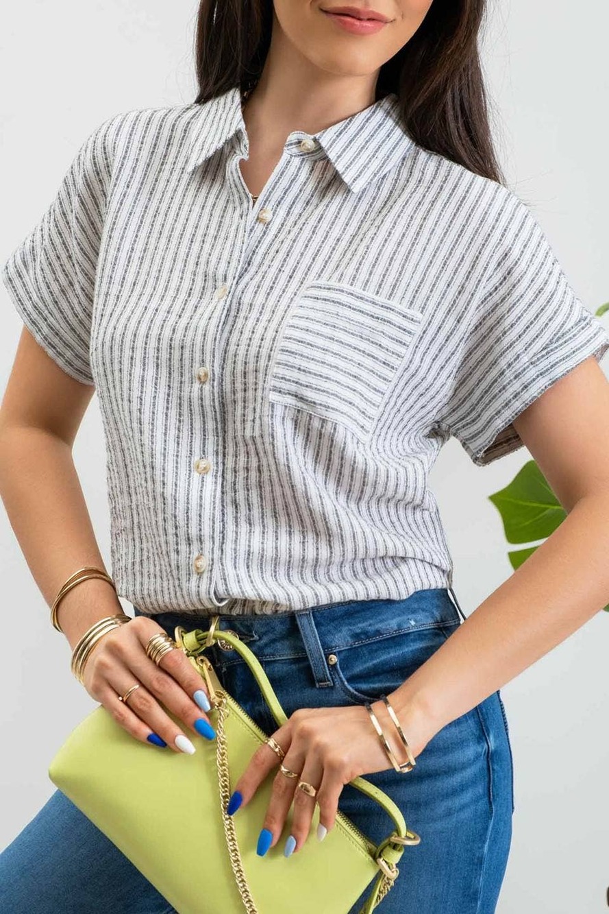 BLU PEPPER Stripe Short Sleeve Button-Up Linen Shirt LARGE